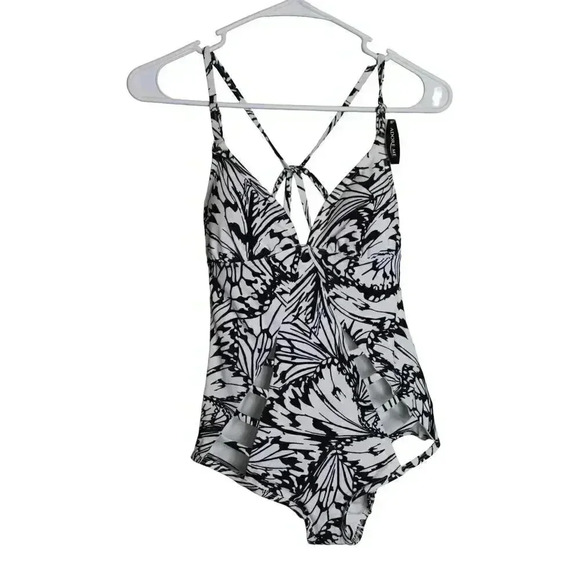 Adore Me Swim Suit One Piece Black/White Butterfly Print Cut Outs Small NWT - Picture 1 of 5